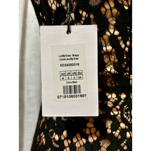 NWT Showpo Makenzie Midi Dress Strappy Corset Lace Slip Dress in Black Size 2 XS - Picture 5 of 9